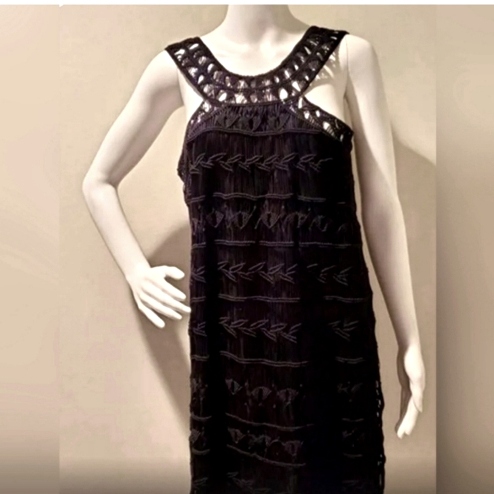 NWT,Diane Von Furstenberg Size M Black Macrame Mini Dress,Crochet,Silk Shimmer